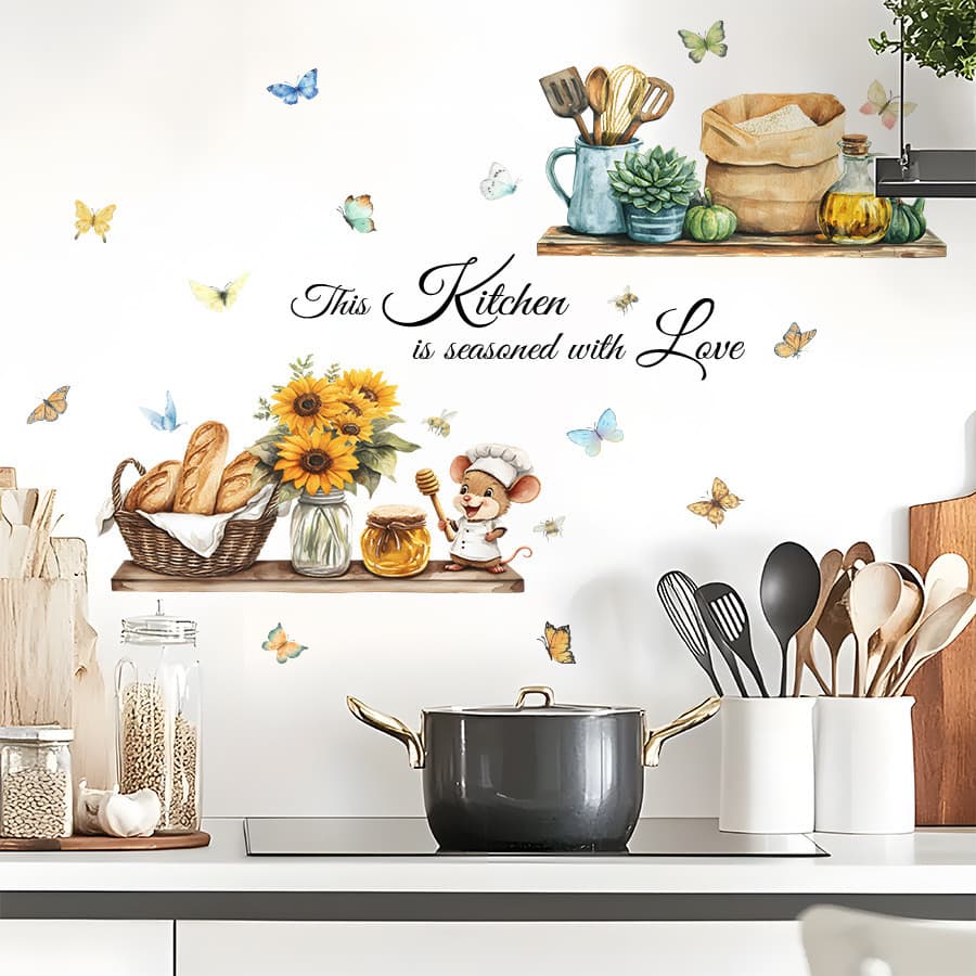 Adesivos de parede flores utensílios de cozinha Racks simulação auto-adesivo adesivos de parede cozinha restaurante deco