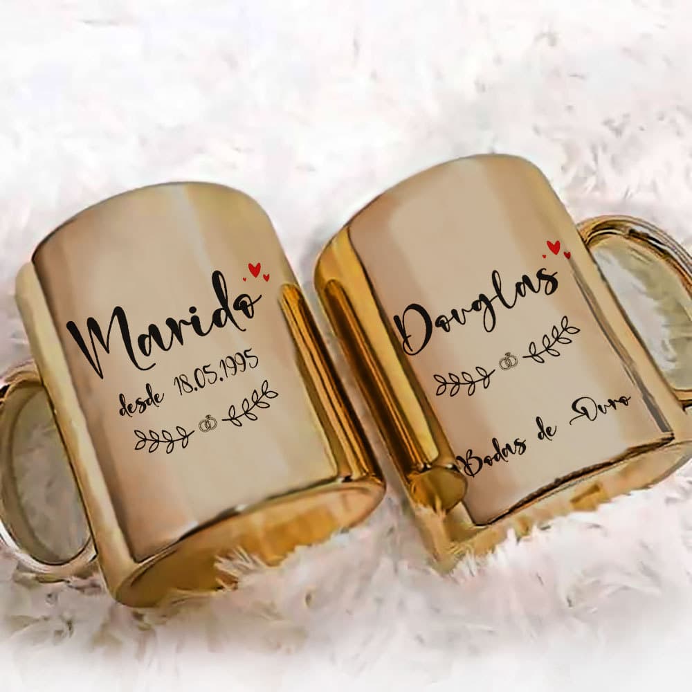 Par de Canecas Personalizadas Bodas de Ouro com Nome - Metalizada