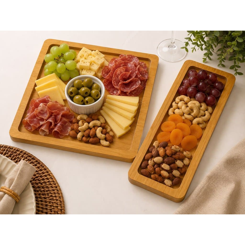 Kit 2 Bandejas Petisqueiras de Bambu para Frios Queijos e Aperitivos Madeira Petiscos Mesa Posta