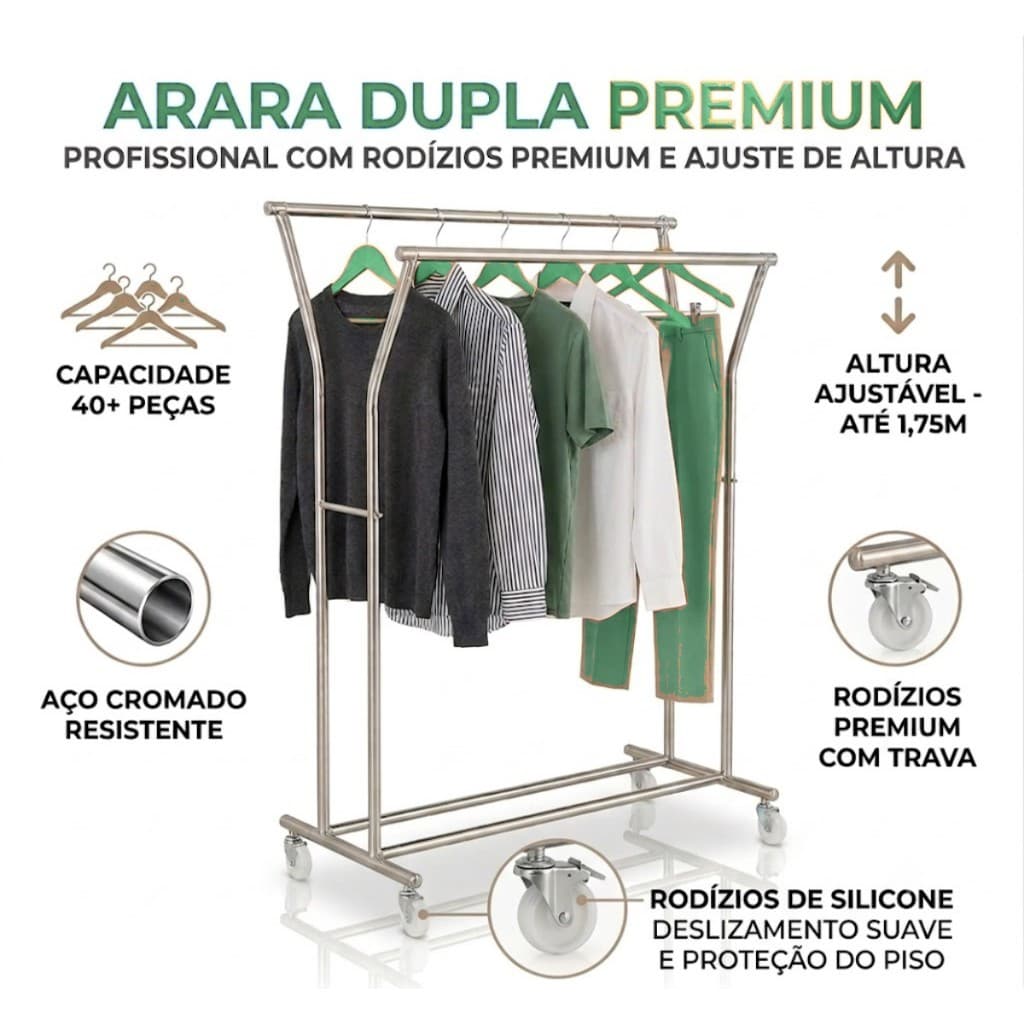 Arara Roupas Dupla Regulável 1,20m Cromada Rodízio Silicone Loja Closet