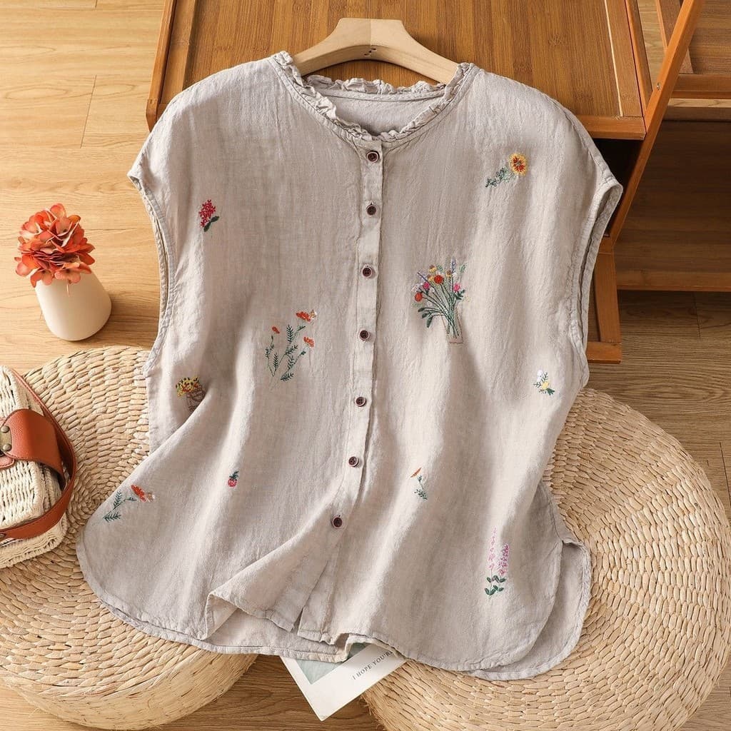 Camisa sem mangas literária redução de idade bordado algodão sem mangas camisa feminina verão gola fungo moda pequena ca
