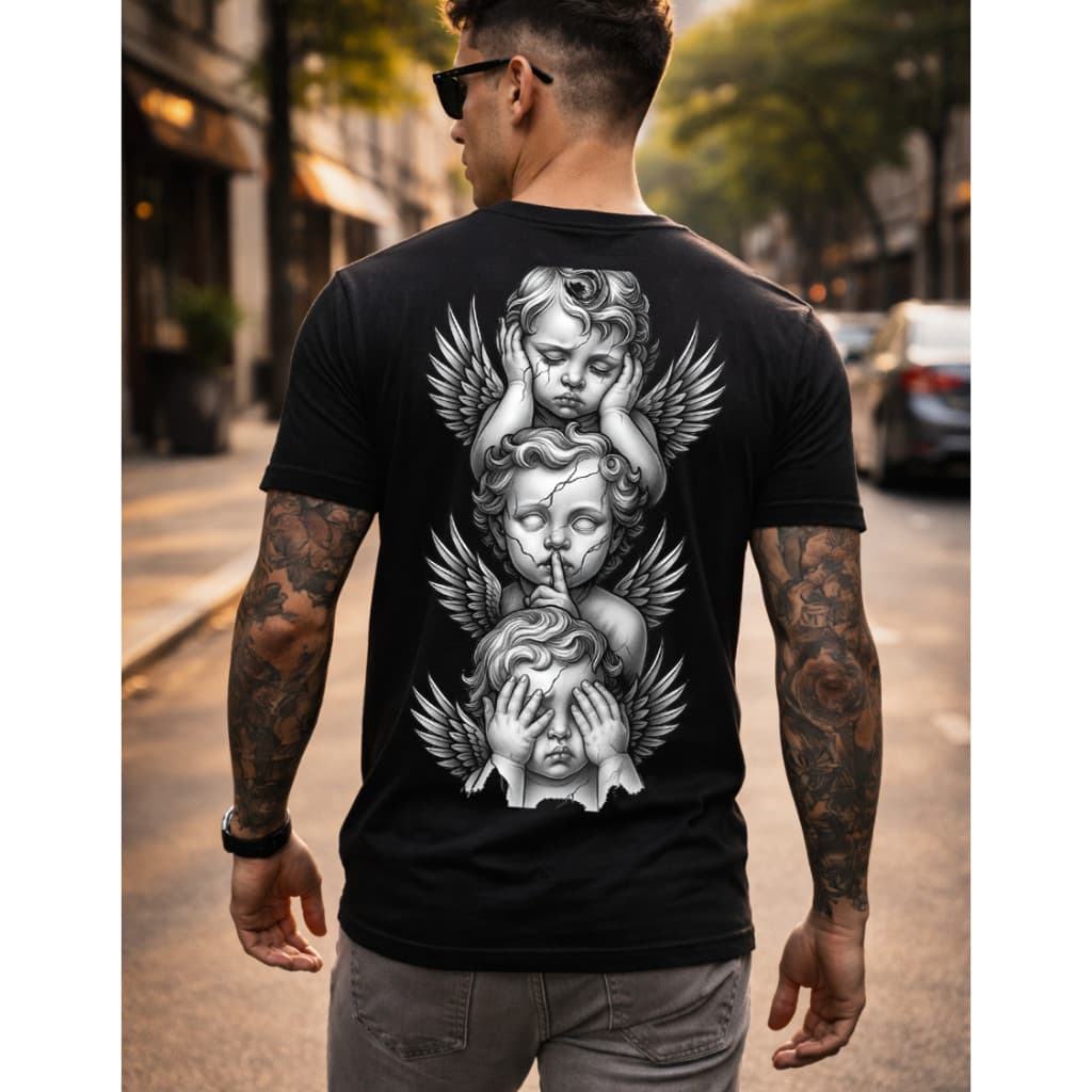 Camiseta Camisa Estampada Anjos Estilosa Streetwear Malha Diferenciada Top Algodão Moda Masculina