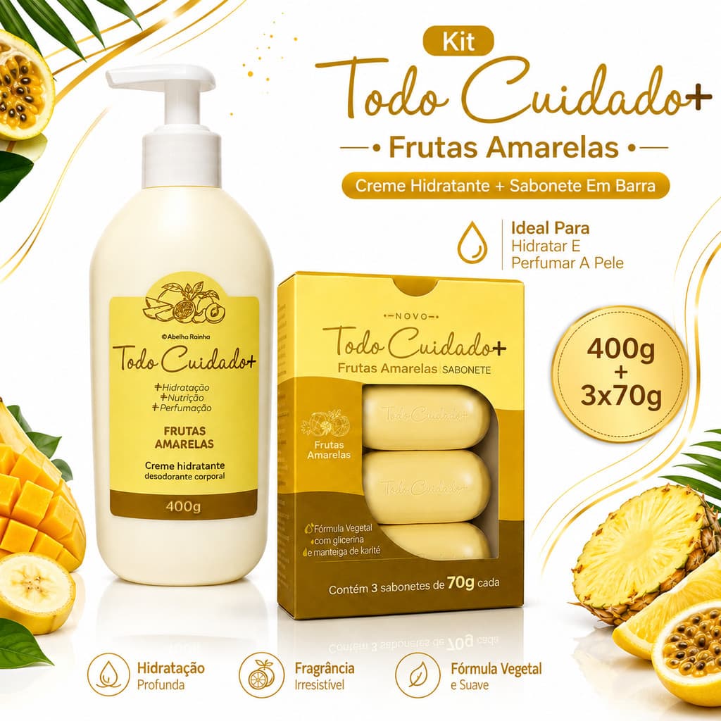 Kit Todo Cuidado+ Abelha Rainha Creme Hidratante Corporal Frutas Amarelas + 3 Sabonetes Em Barra
