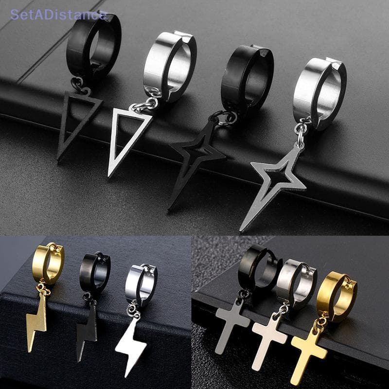 SetADistance 1Pc Unissex Aço Inoxidável Punk Man Bla Clip On Brincos Geometria Triângulo Estrela Pingente Pendurados Mul
