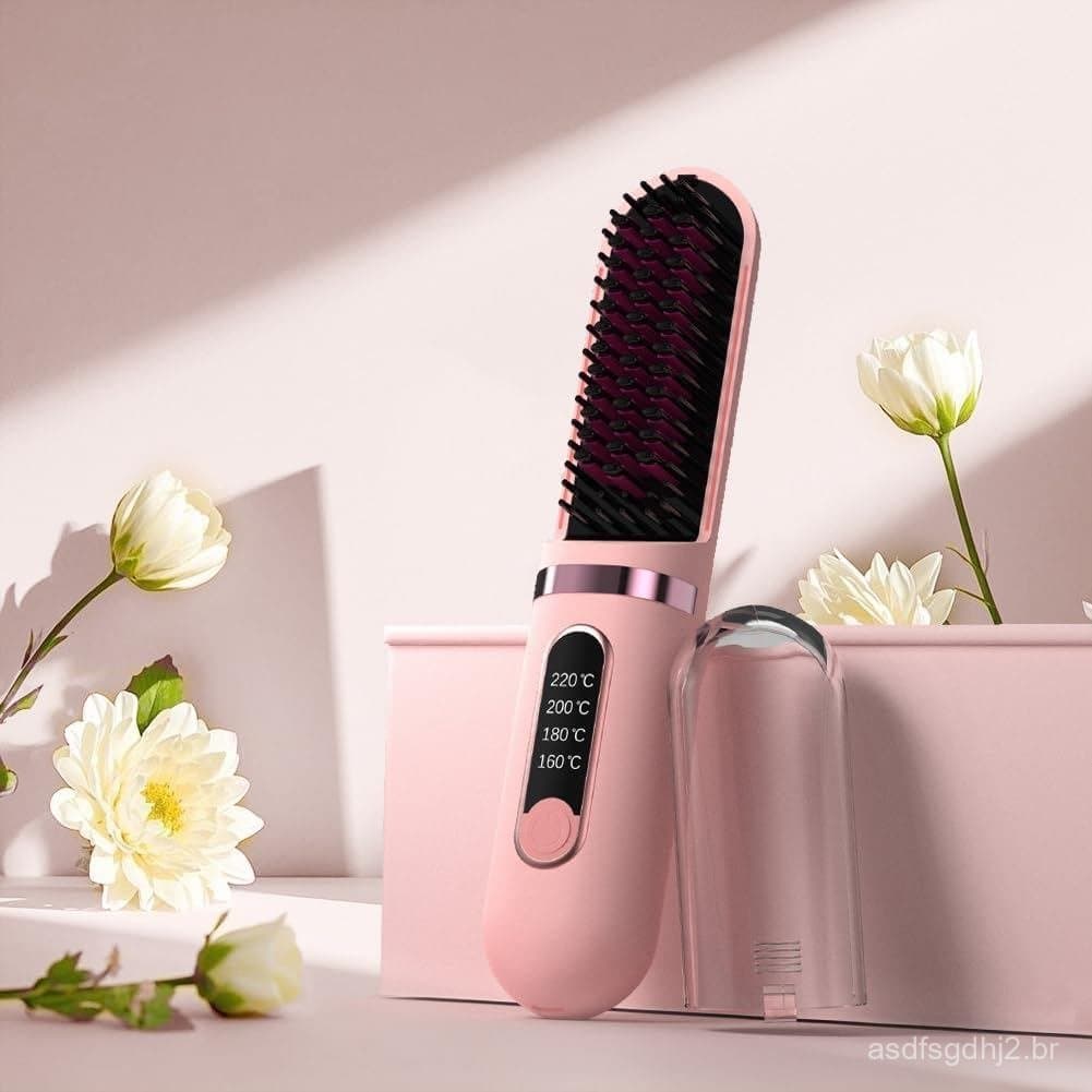 Escova alisadora de cabelo sem fio, escova alisadora portátil para mulheres, mini escova quente com íons negativos, adeq