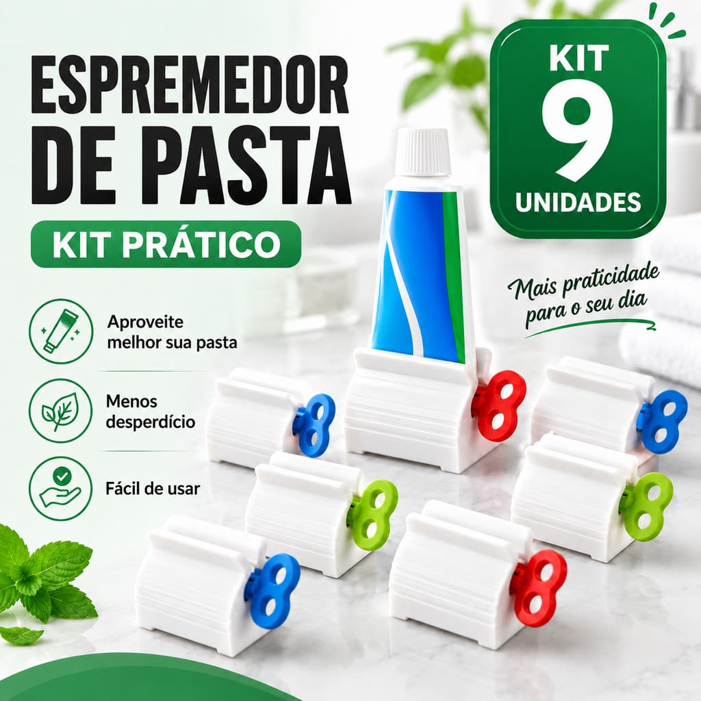 Kit 9 Espremedores de Pasta de Dente Giratório Evita Desperdício Design Inovador