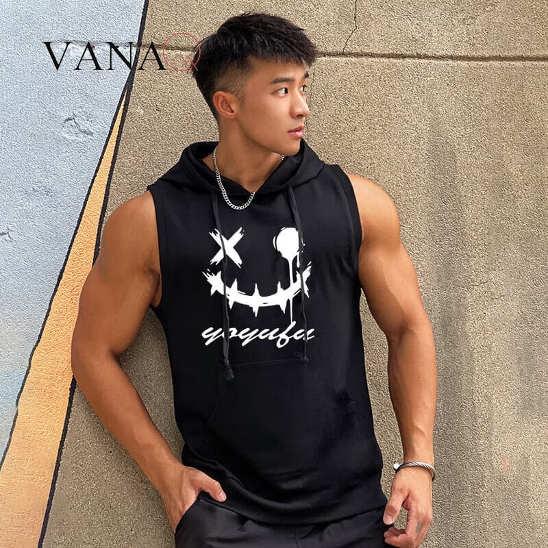 Camiseta Masculina Sem Mangas VANAQ Tendência De Verão Fitness Regata Com Capuz