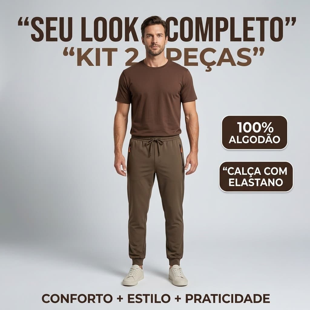 Conjunto Masculino 2 Peças Camiseta 100% Algodão Calça Jogger com Elastano Casual Esportivo Premium