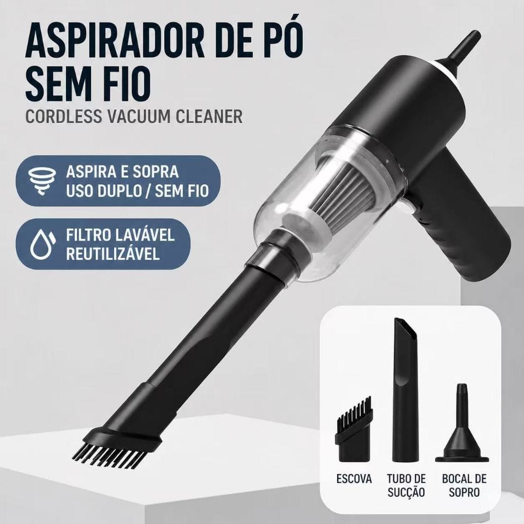 Aspirador de Pó Portátil 3 em 1 USB Recarregável sem Fio para Carro, Casa e Teclado