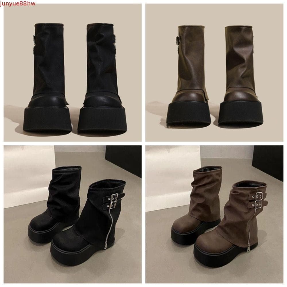 JUNYUE Botas Femininas Até O Joelho , Fivela De Cinto Y2K Punk De Motociclista , Plataforma Gladiadora Cano Médio