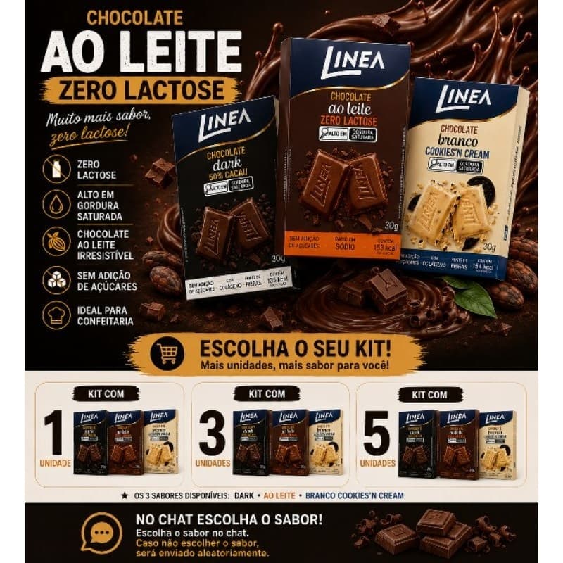 Chocolate Zero Açúcar Linea 30gDark Ao Leite Zero Lactose Branco Cookies