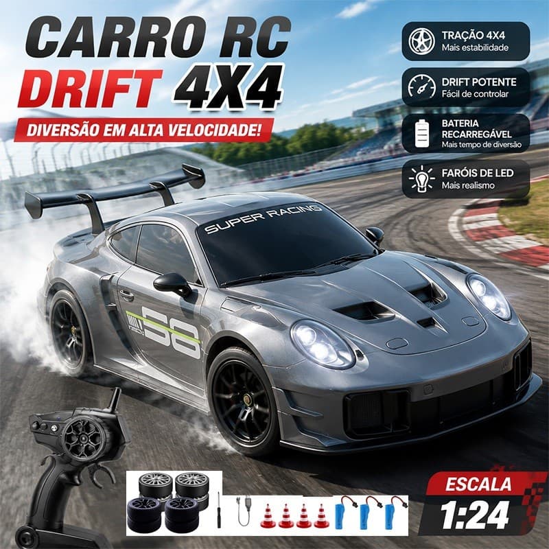 Carrinho Controle Remoto Drift 4x4 Estilo Porsche 911 1:24 com LED Bateria Recarregável Carro RC Esportivo