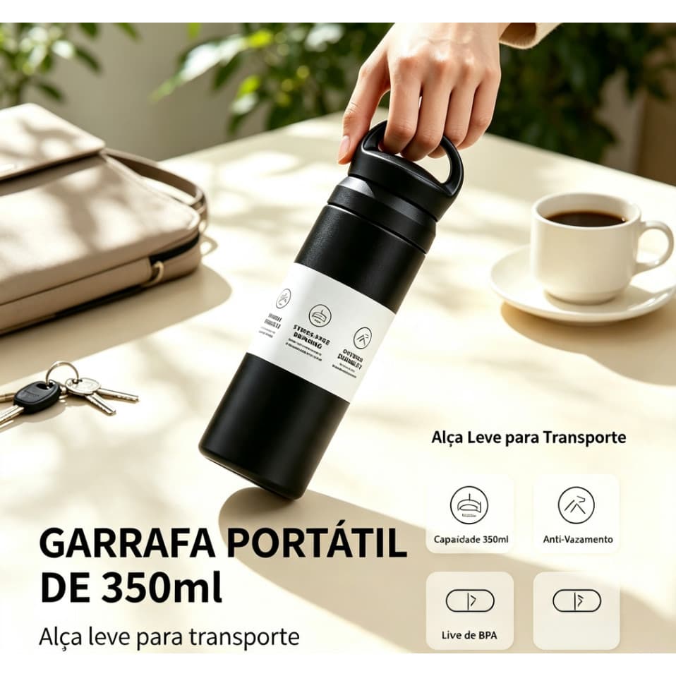 Copo Térmico 350ml Preto com Tampa Alça, Aço Inoxidável Parede Dupla, Garrafa Portátil para Água Café