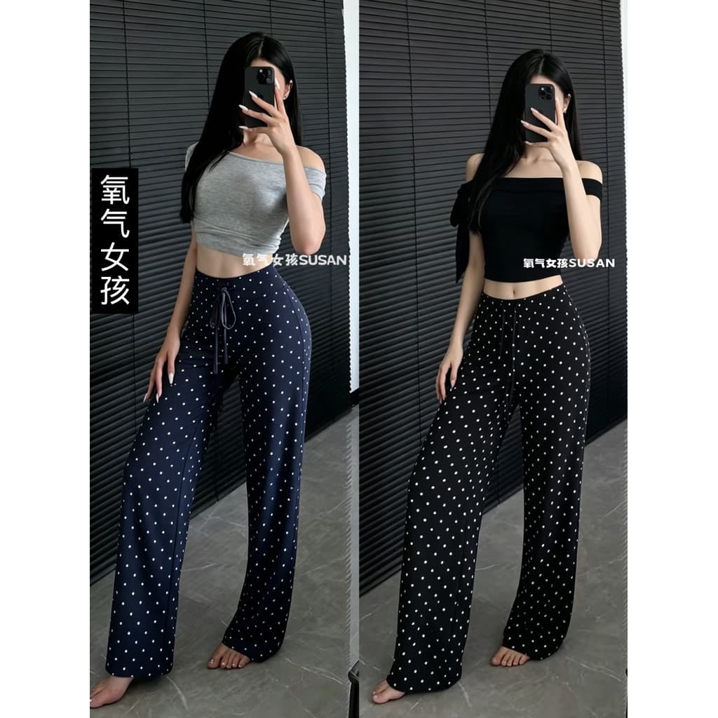 Americano bolinhas em linha reta cintura alta perna larga Drape calças casuais mais magro olhar máscara solta verão calç