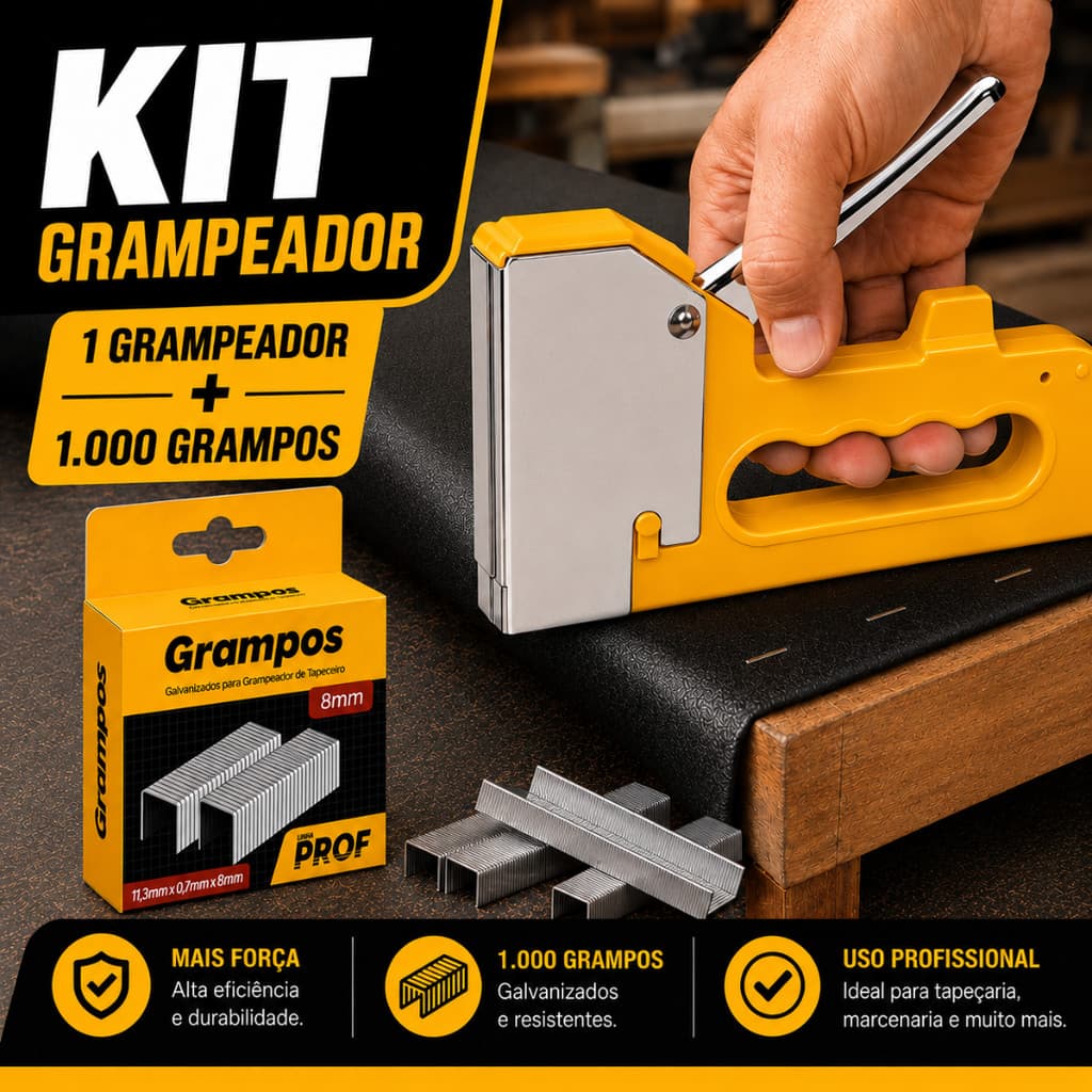 Kit Grampeador Manual Tapeceiro + 1.000 Grampos 8mm para Madeira Estofados Móveis Marcenaria