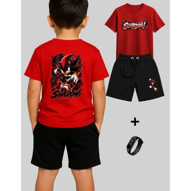 Kit Camiseta Algodão e Bermuda Masculina com Relógio Infantil Juvenil Shadow personagem desenho Sonic 4 ao 16