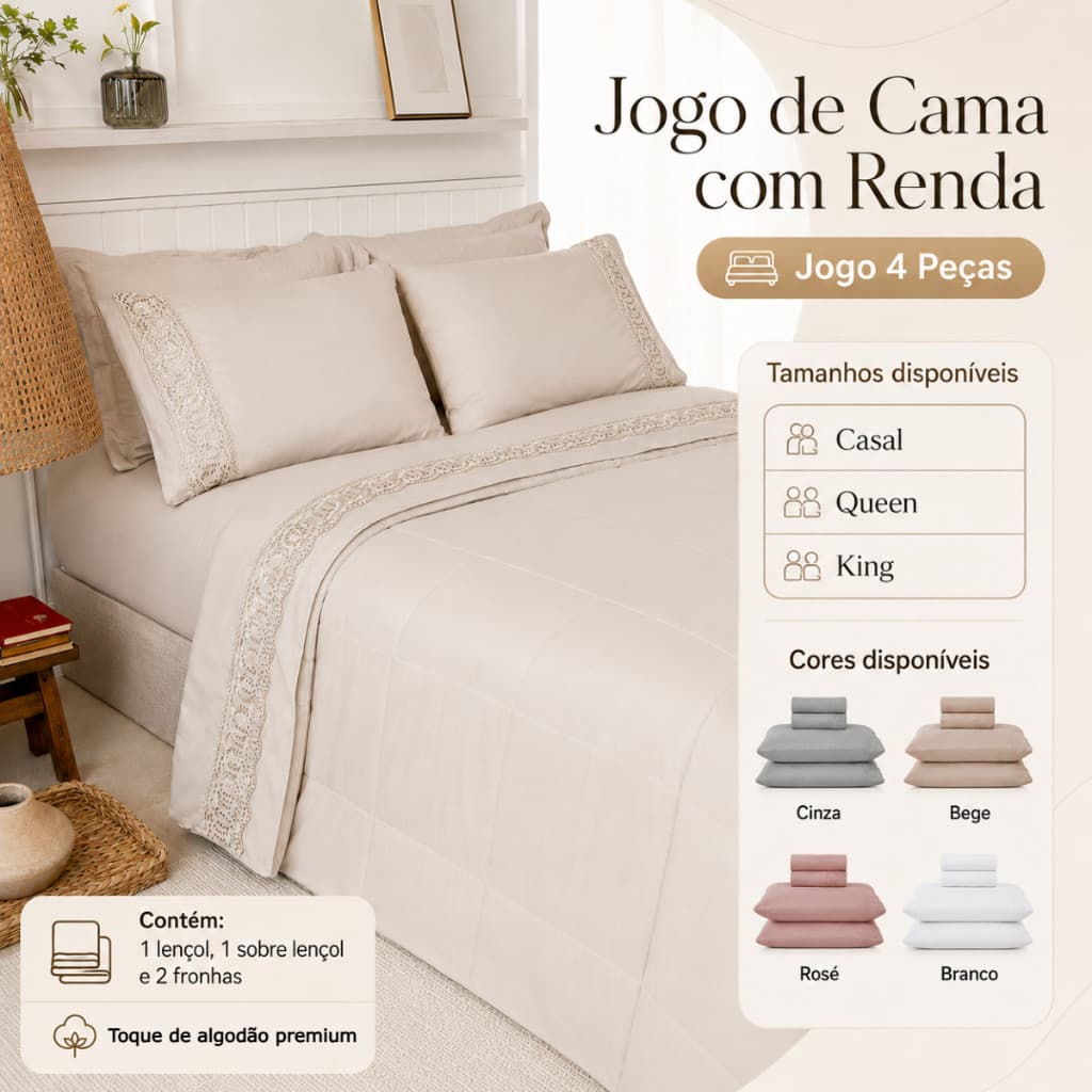 Jogo de Cama Com Renda 4 Peças Lençol, Sobre Lençol e 2 Fronhas 300 Fios Casal, Queen, King