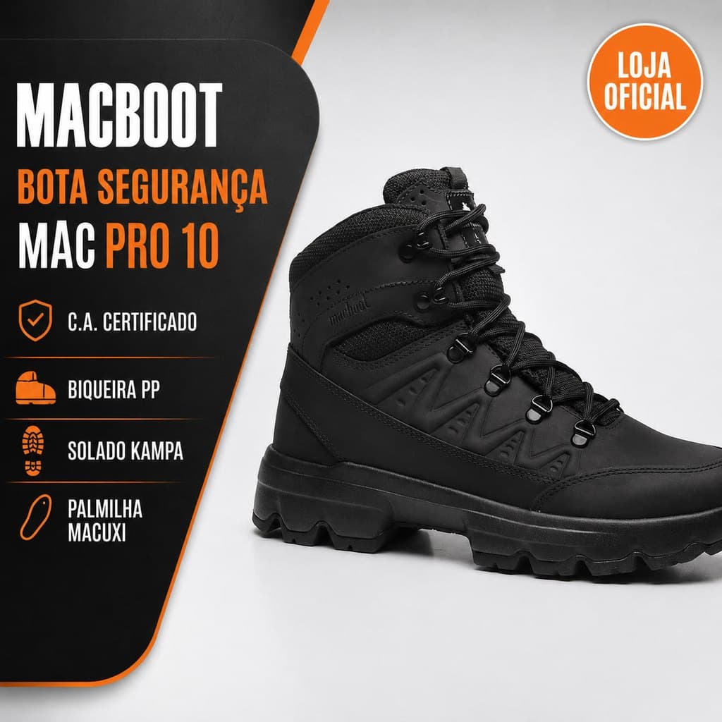 Bota Unissex de Segurança Cano Alto Macboot Mac Pro 10 Couro Trilha Trabalho Resistente Confortável