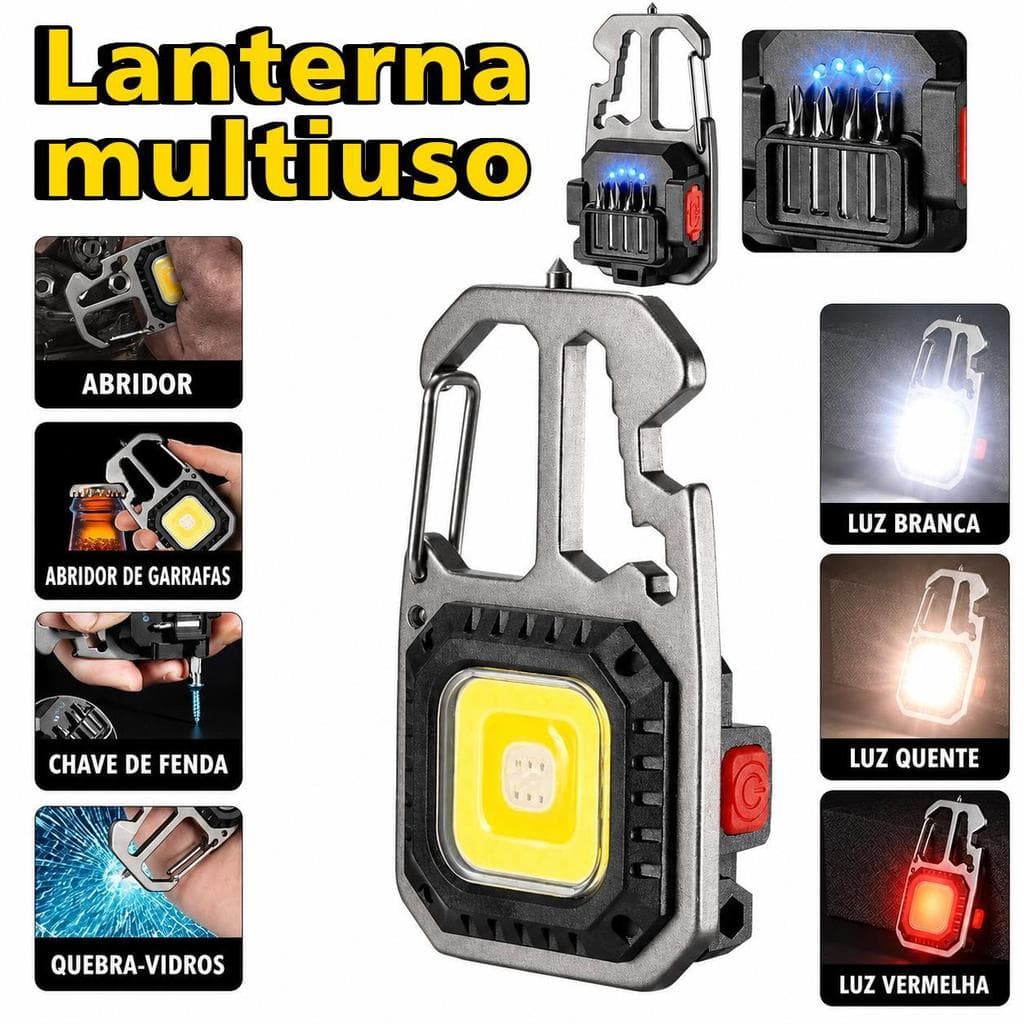 Lanterna LED COB 500 Lumens USB-C Recarregável | Martelo Segurança Abridor Chave Camping