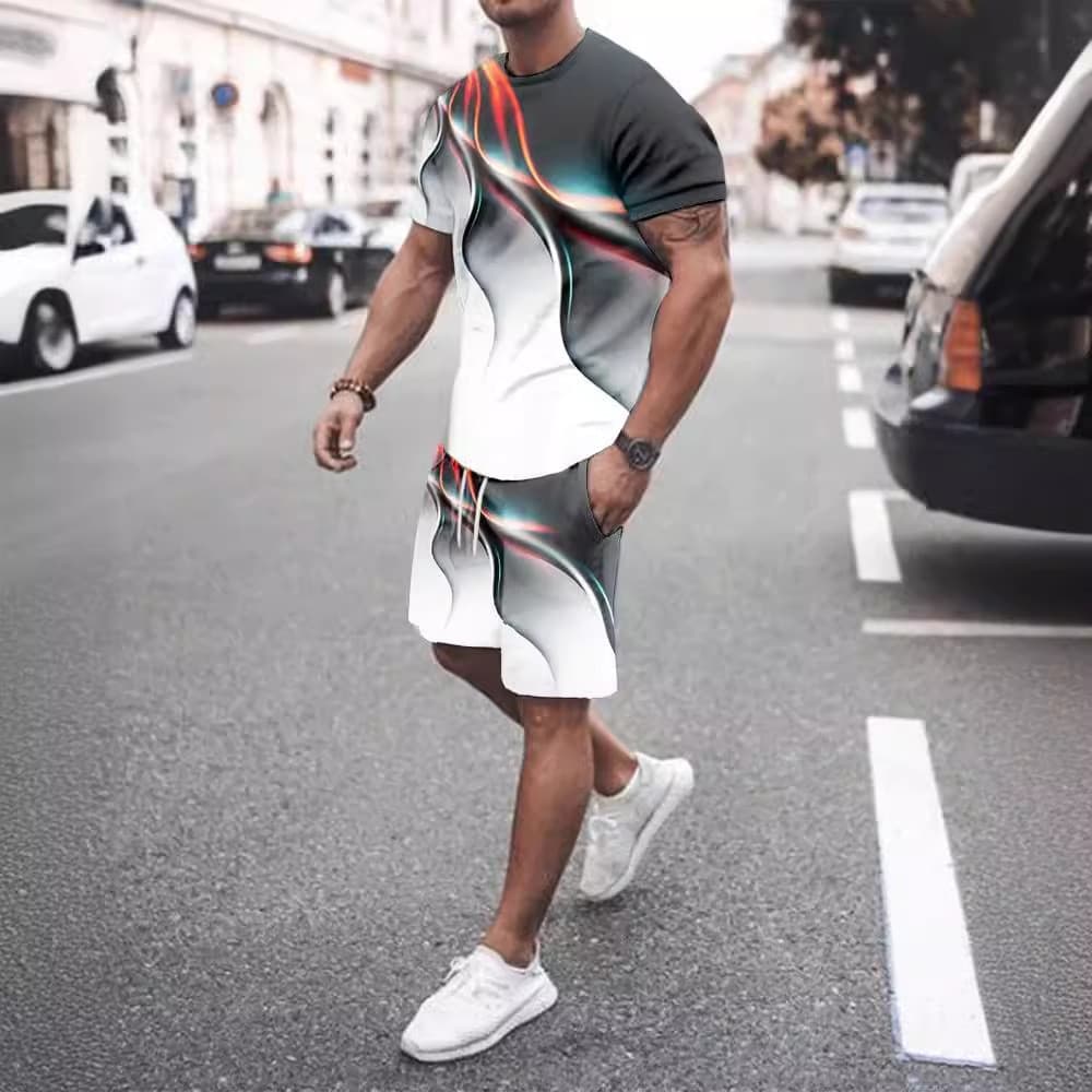 Conjunto de camiseta casual e shorts de verão para adolescentes, roupa esportiva masculina com estampa, novo conjunto de