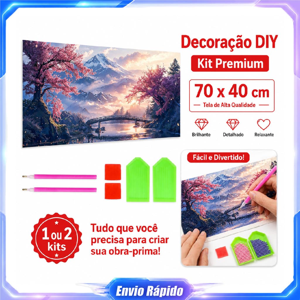 Kit pintura de diamante DIY montanhas ao pôr‑do‑sol 70x40cm tela 2 canetas 2 bandejas e 2 argilas para artesanato manual