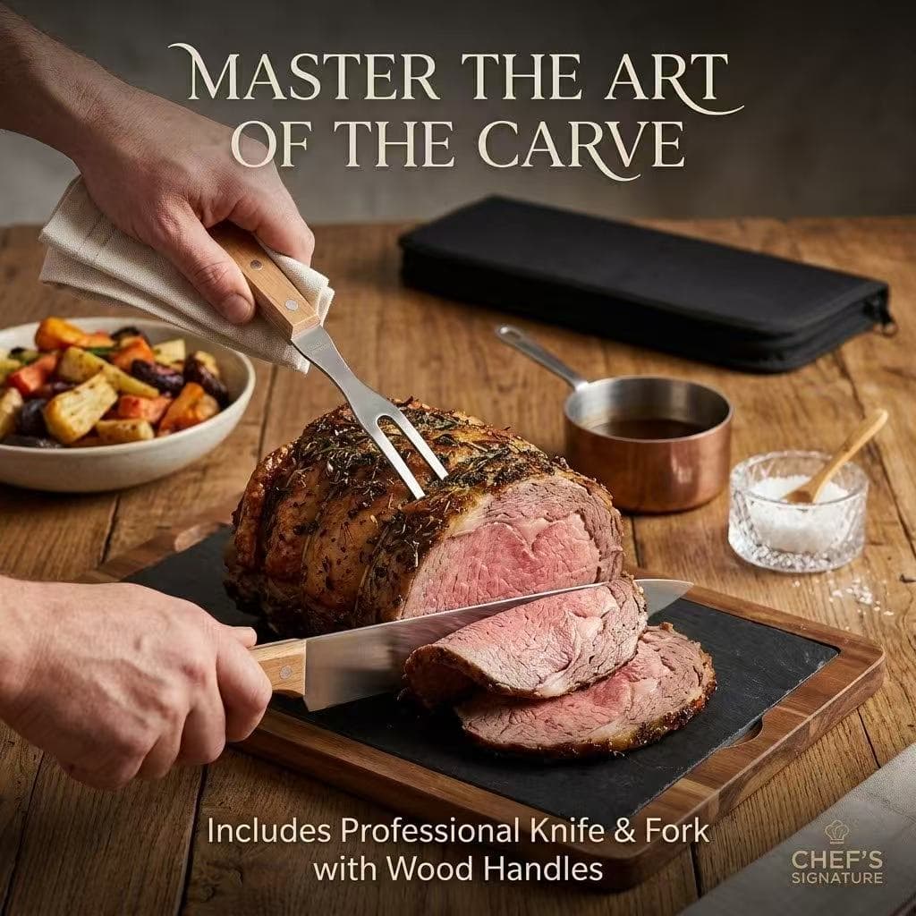 Kit Churrasco Faca e Garfo 2 Peças com Cabo de Madeira e Estojo para Churrasqueira