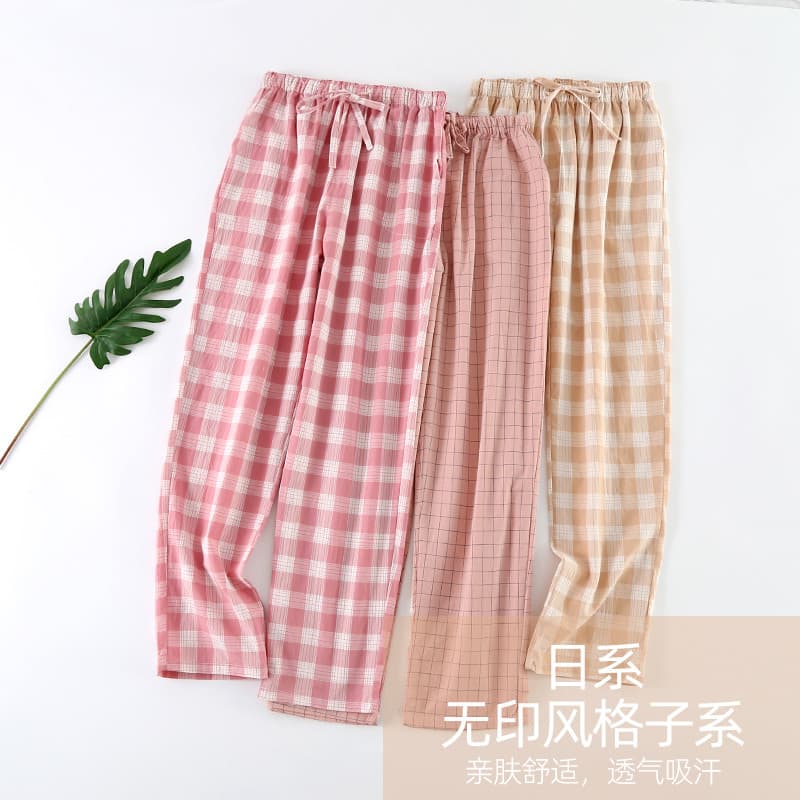 Calças de pijama xadrez estilo fino puro algodão feminino verão calças soltas tamanho grande calças femininas podem usar