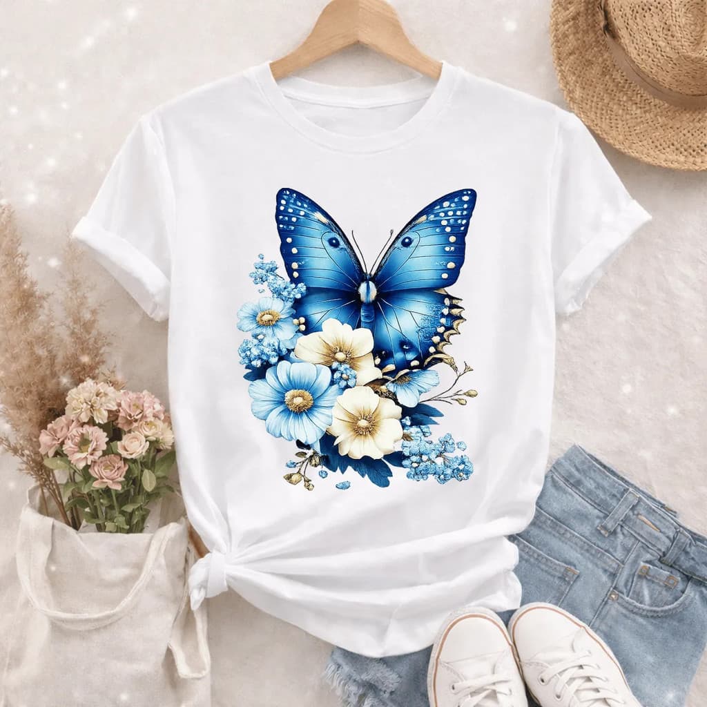 Camiseta Borboleta Azul Camisa T-shirt Modinha Casual Animal