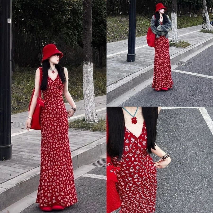 Retro Floral saia vestido vermelho feminino verão quente menina a linha saia Suspender estilo férias beira-mar saia long