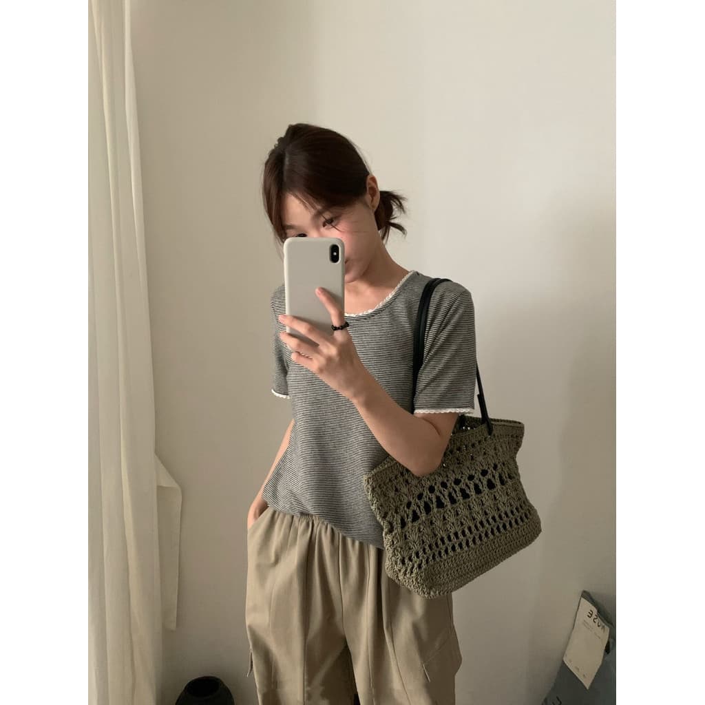 PPHOME Estilo Coreano Elegante Renda Costura Listrada Camiseta de Manga Curta Mulheres Verão Solto All-Match Casual Top