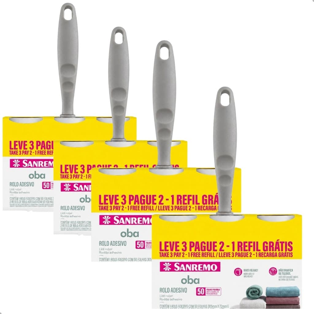 Kit 4 Rolo Adesivo Tira Pelos e Fiapos Limpa Roupas Sofa Cama 2 Refis Sanremo
