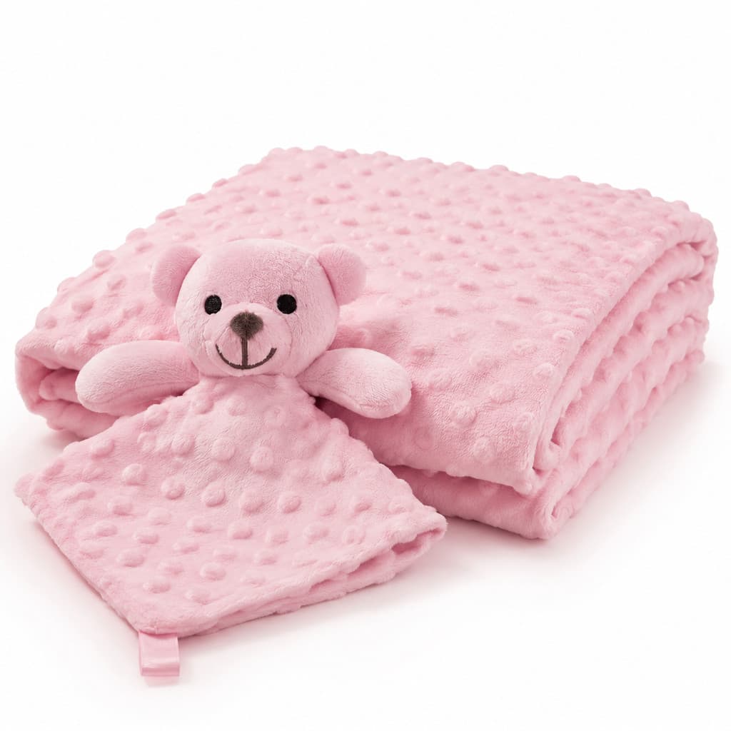 Kit Bebê Loani Manta Pipoquinha Soft + Naninha Ursinho Rosa