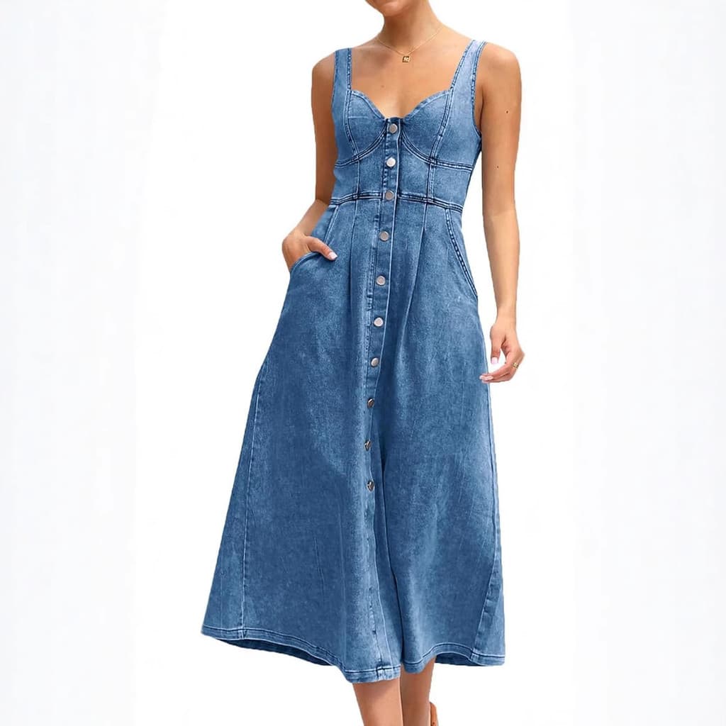 Cross-Border 2026 verão feminino azul Denim alça desgastada botão único vestido de comprimento médio