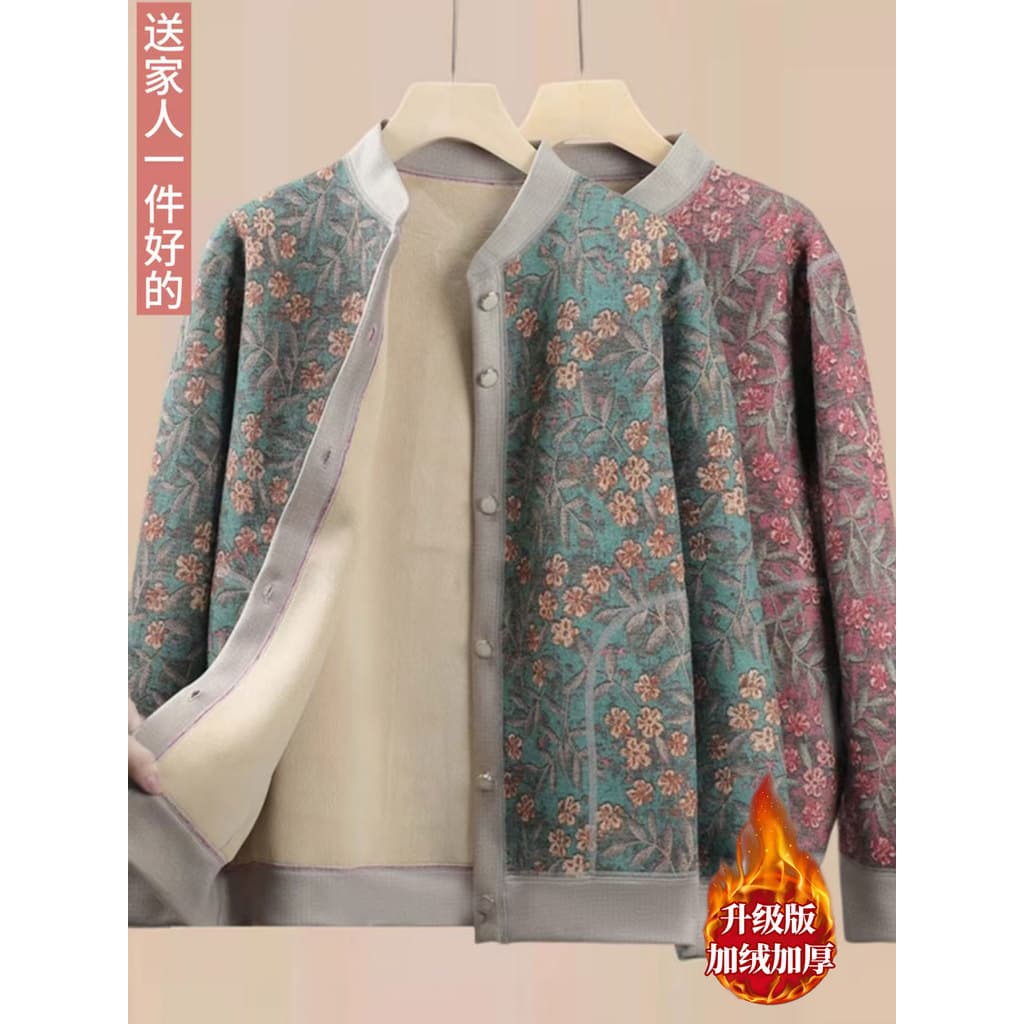 Meia-idade idosos outono inverno jaqueta feminina forro de lã engrossado mãe roupa interior térmica velha senhora
