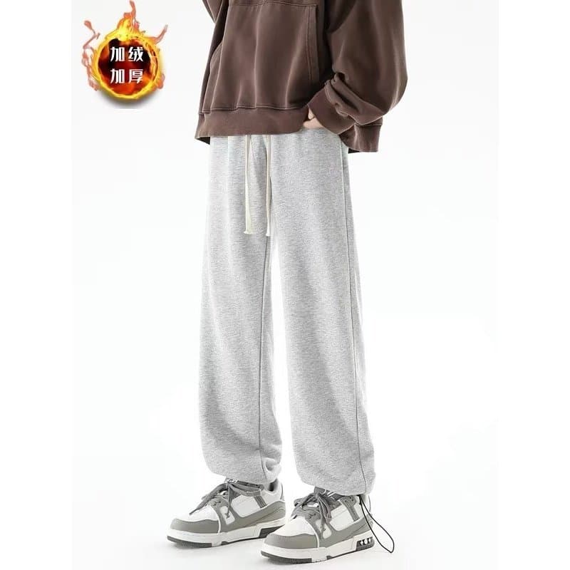 Calça de moletom masculina outono inverno forro de lã calças espessadas Street Wear cordão calças com cordão perna reta