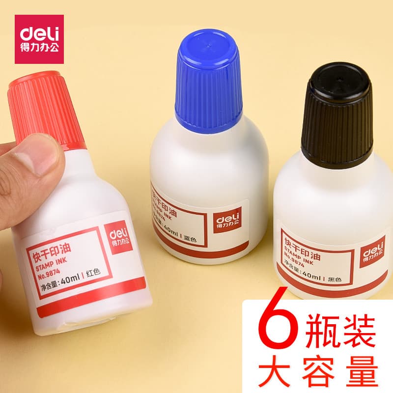 6 garrafas Deli 9874 Carimbo de secagem rápida Recarga de almofada de carimbo de óleo 40ml Grande capacidade Azul Preto