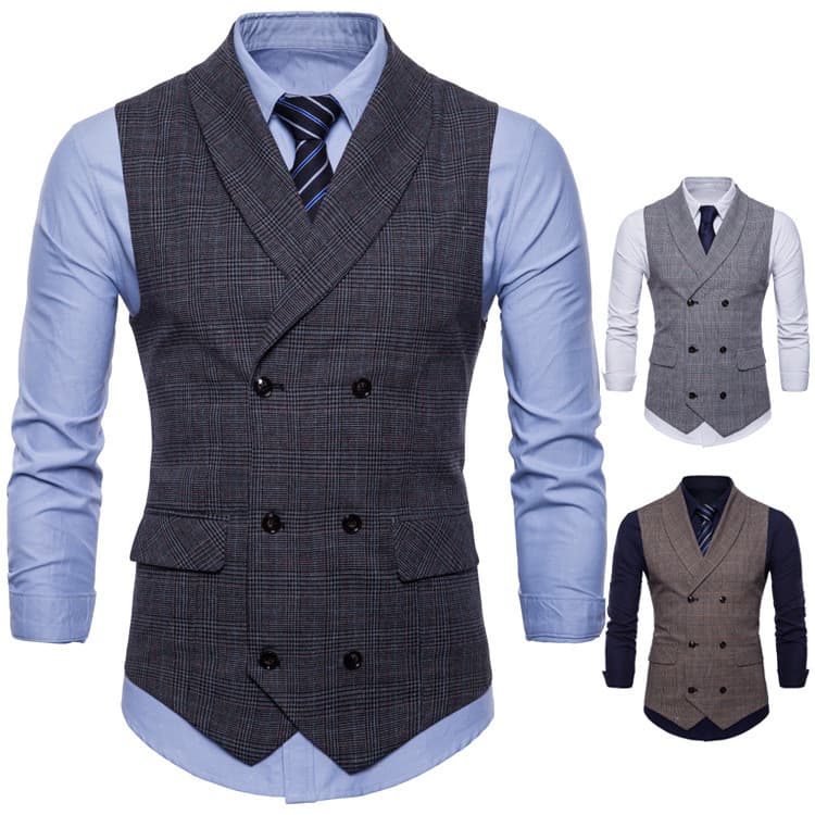 Masculino Xadrez Duplo Breasted Terno Colete Xale Lapela Fino Ajuste Formal Para Festa De Casamento De Negócios
