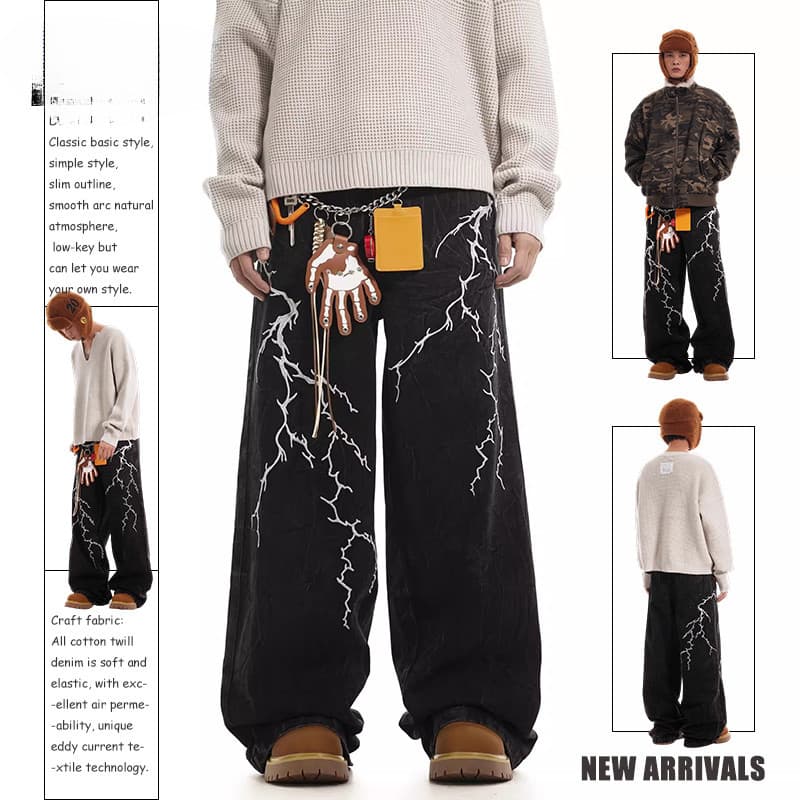 Calças masculinas Hip-Hop pretas soltas calças masculinas Y2K americanas retrô jeans calças largas jeans bordados relâmp