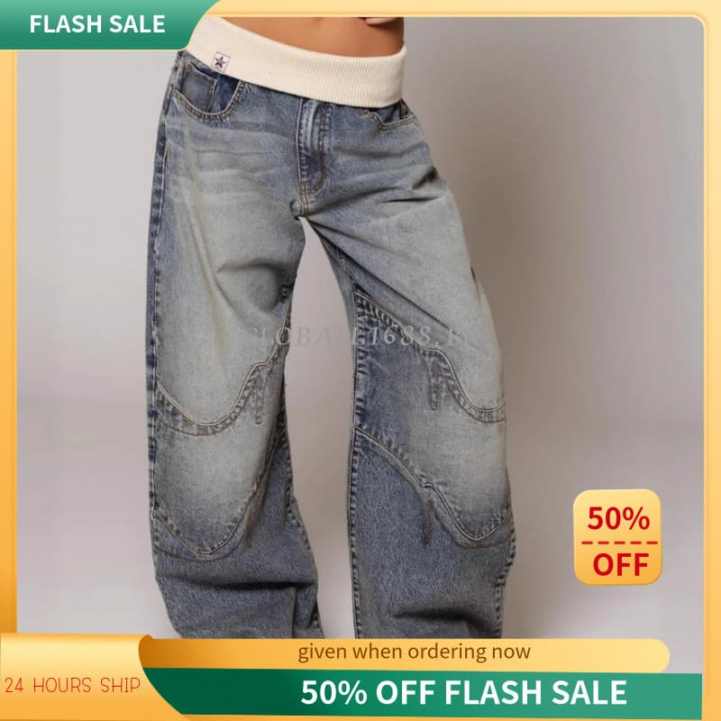 { Estoque Pronto } Jeans Soltos De Perna Reta Com Bolsos Calças Casuais Da Moda Estilo Rua Roupas Femininas