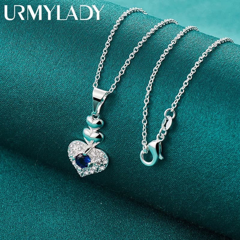 Colar de prata esterlina 925 URMYLADY, com pingente de zircônia azul em formato de coração, comprimento da corrente de 1