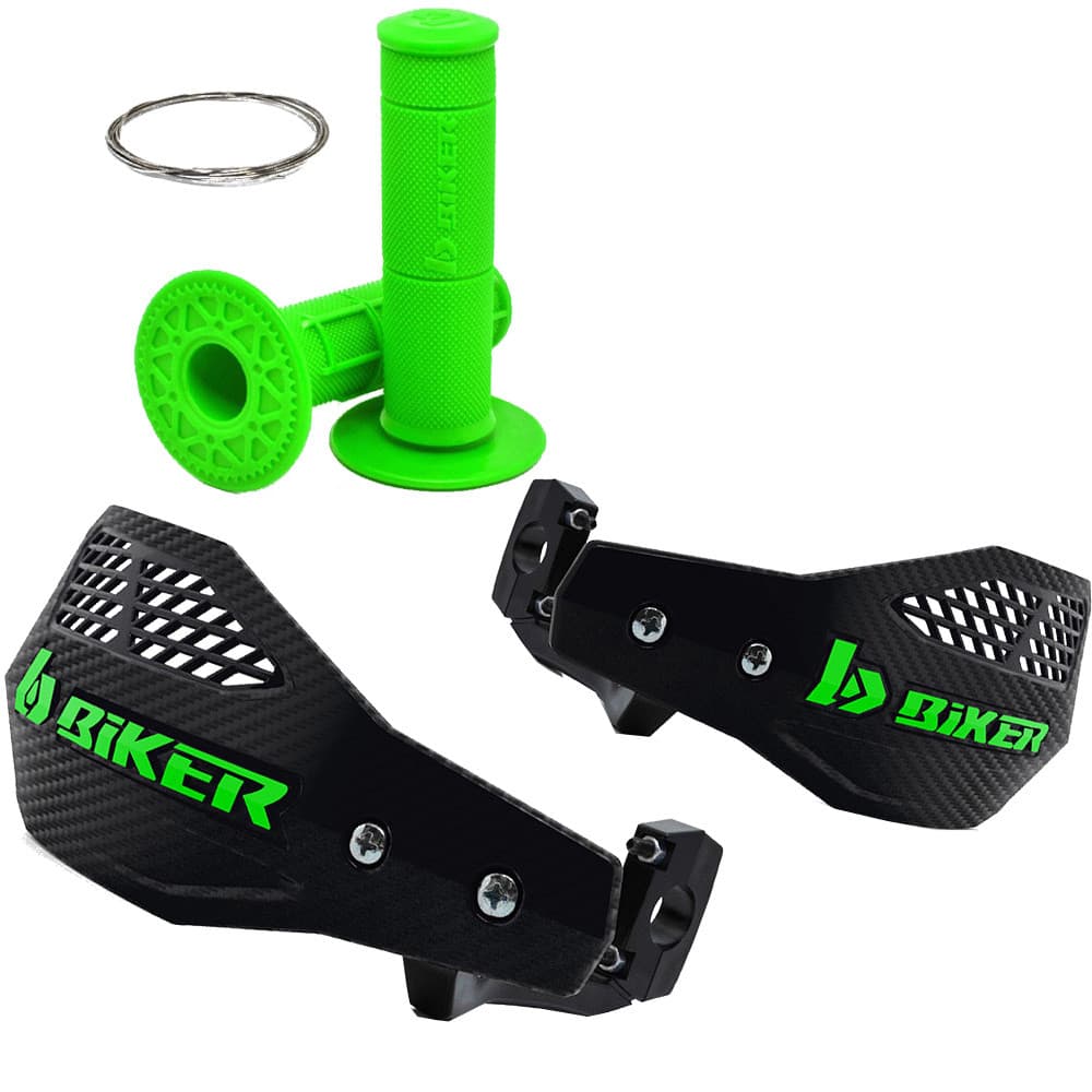 Kit Manoplas Waffle Verde Neon + Protetor Mão A1R Preto Escrita Verde - Biker