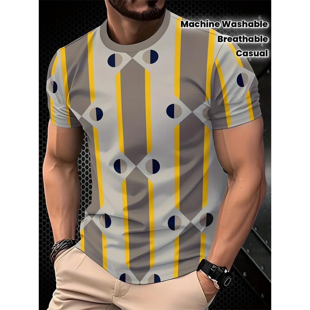 Camiseta Masculina Com Estampa Geométrica Circular De Listra Amarela , Gola Redonda , Manga Curta , Camisetas Gráficas C