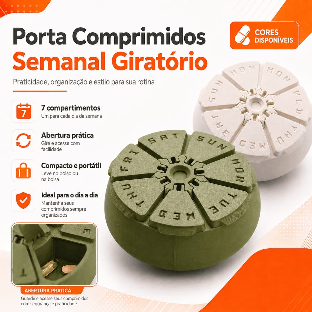 Porta Comprimidos Semanal Giratório 7 Dias | Organizador de Remédios Portátil