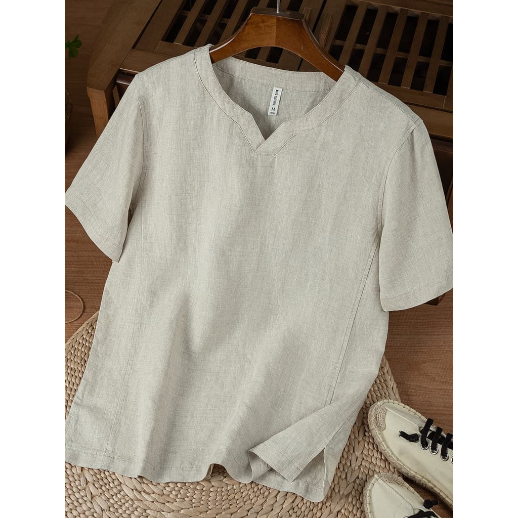 Estilo chinês novo estilo Country Casual solto camisa de linho masculino fenda superior algodão linho com decote em v de