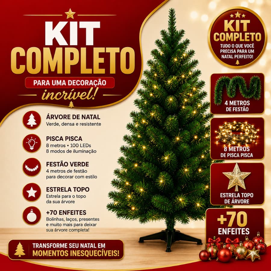 Árvore De Natal Decorada Pisca Pisca +101 Enfeites 1.20cm Com 120 Galhos Pinheiro Decoração Completa Promoção Papai Noel