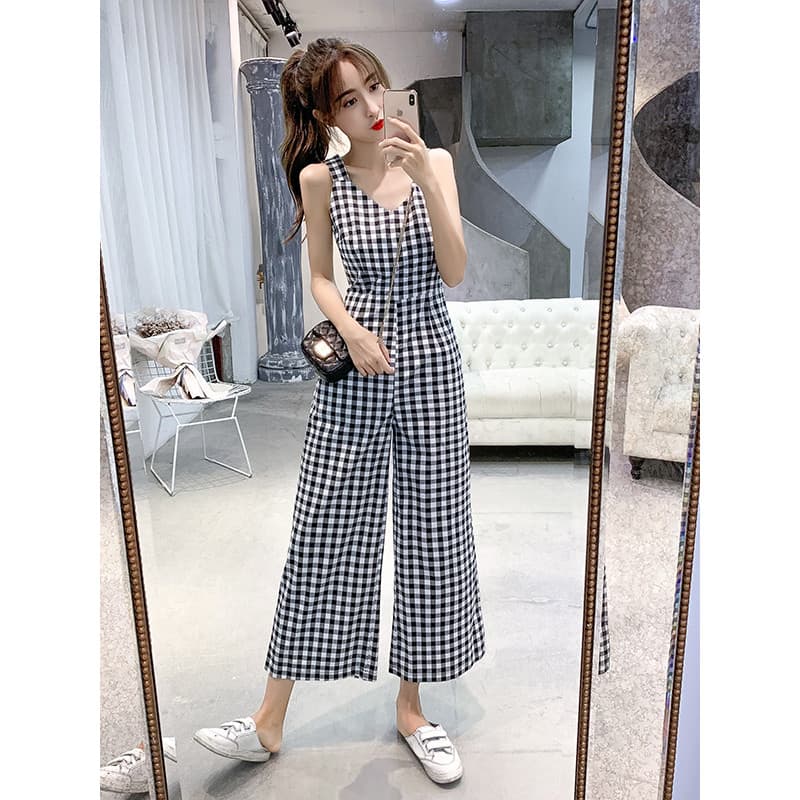 Verão novo estilo versão coreana macacão feminino Drape cintura alta macacão calças de perna larga sem mangas cinta veri