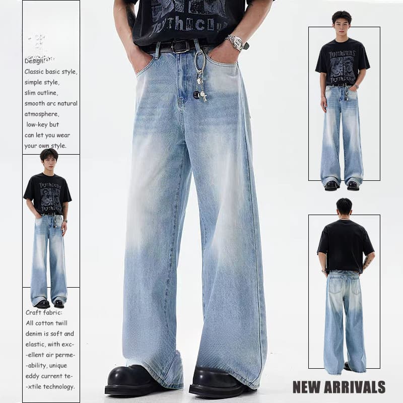 Calça jeans masculina de perna larga azul gelo Beepop Calça solta Calça jeans Beepop Calça jeans lavada Calça estética a