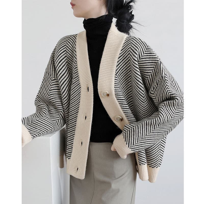 Estilo preguiçoso camisola jaqueta feminina 2026 primavera outono Retro malha Cardigan feminino listrado solto engrossad