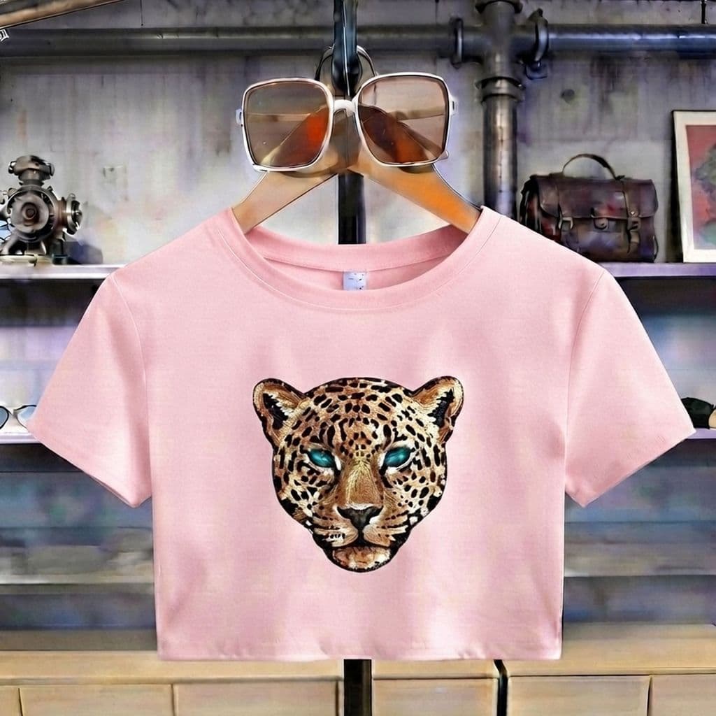 Cropped Feminino Estampado Onça Brilhante Algodão Blusinha Manga Curta Fashion Estilosa Elegante