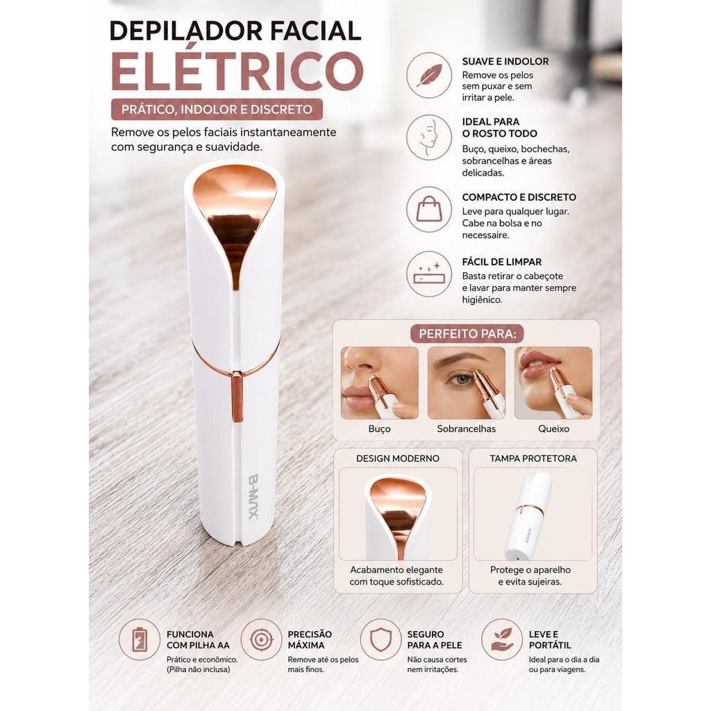 Depilador Facial Elétrico Feminino Removedor de Pelos Indolor Portátil Recarregável para Buço, Rosto e Queixo